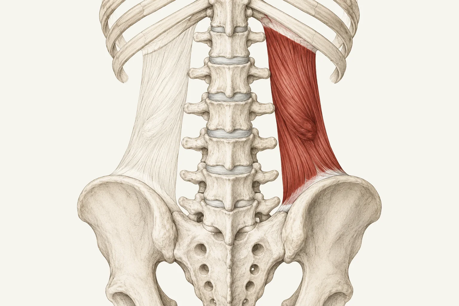 Ilustração em estilo de atlas da coluna lombar vista de costas, com as vértebras em tom apagado e, de um lado, o músculo quadrado lombar em terracota com um pequeno nó de fibras.