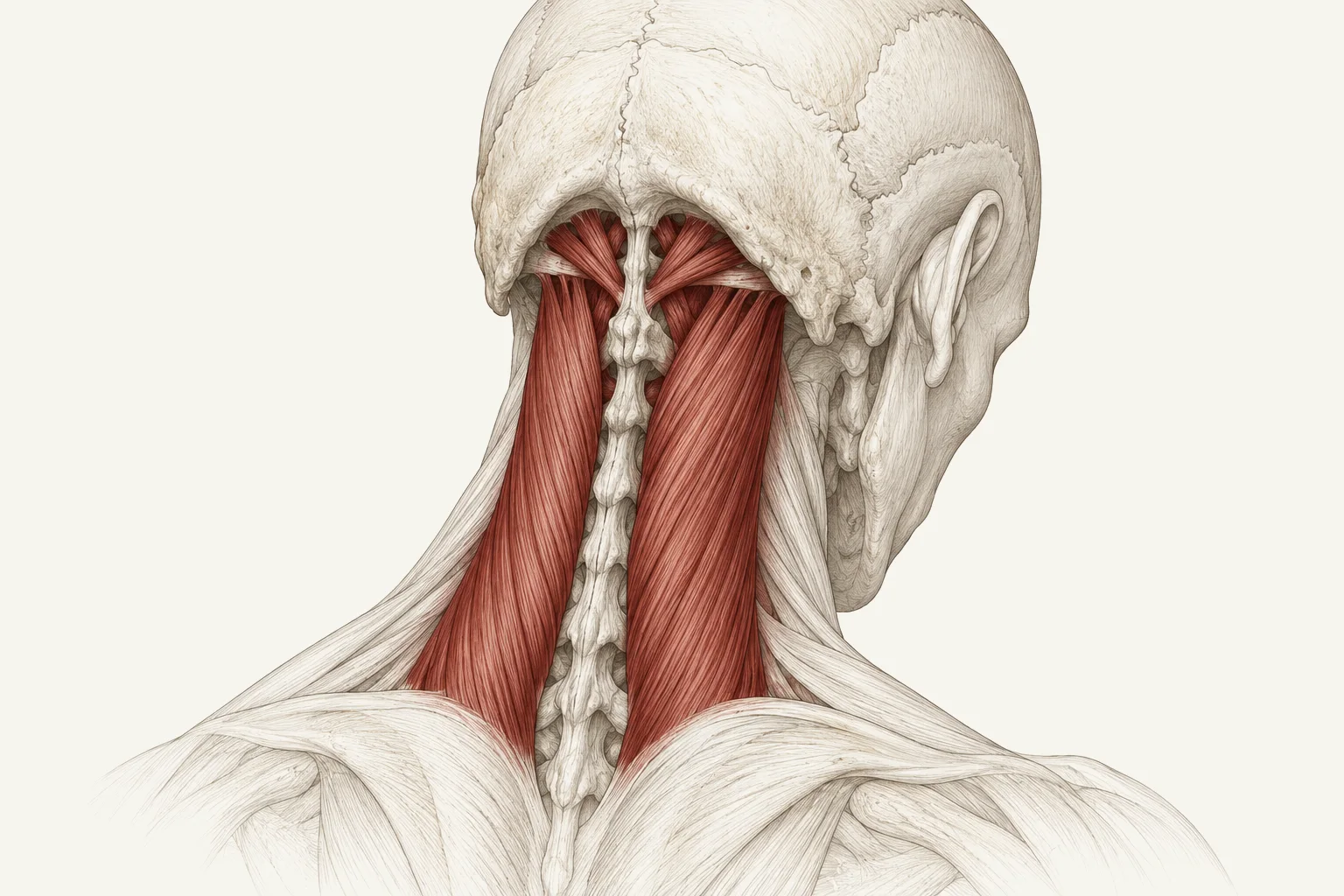 Ilustração em estilo de atlas da nuca de um adulto com a cabeça inclinada para a frente, mostrando os músculos que vão das costas até a base do crânio.