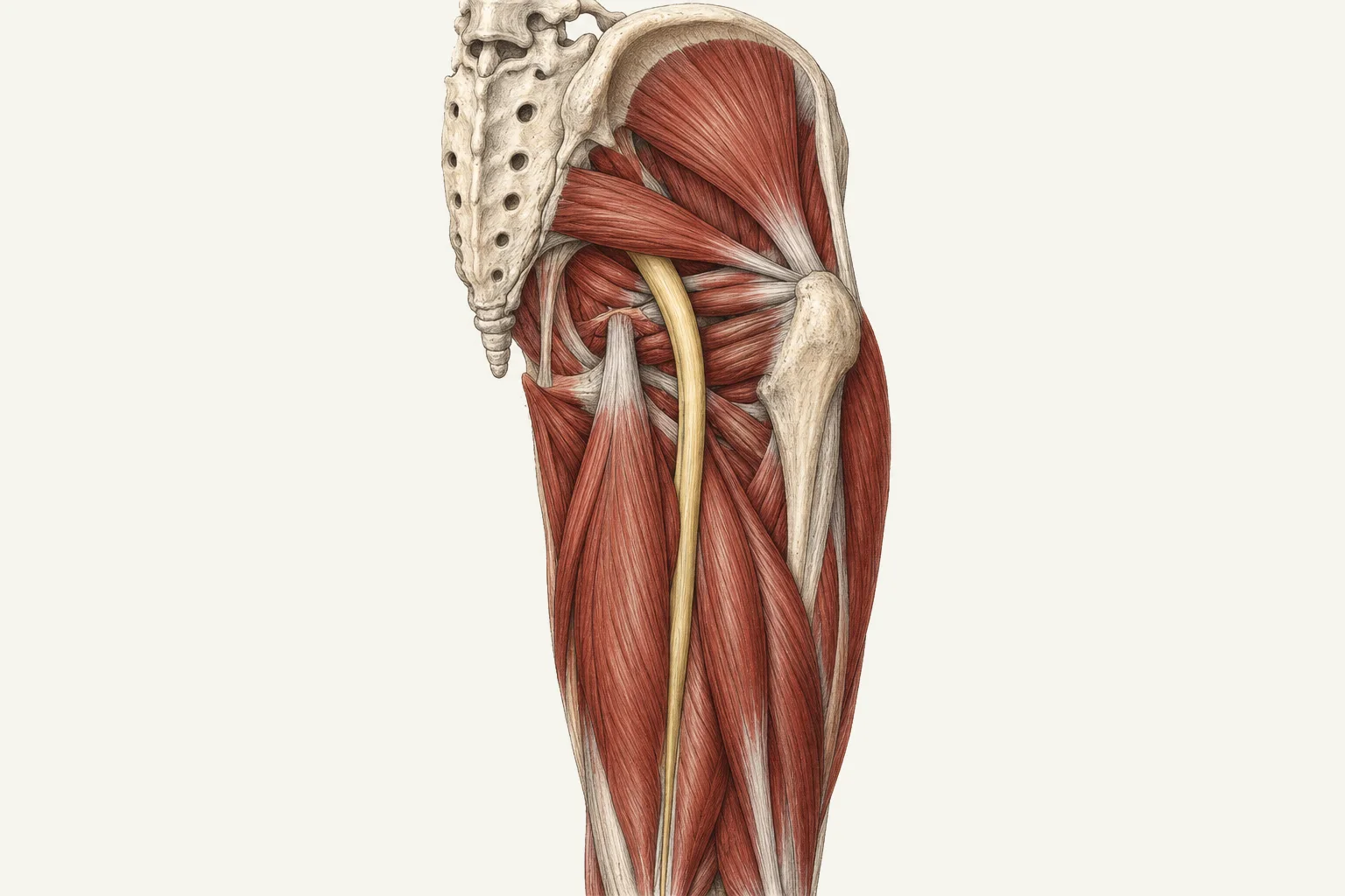 Ilustração em estilo de atlas do quadril visto de costas, com o músculo piriforme na horizontal e o nervo ciático saindo por baixo dele e descendo pela coxa.