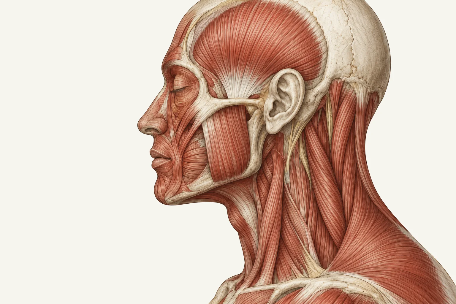 Ilustração em estilo de atlas da cabeça de perfil, com o músculo da têmpora, o da mandíbula e os músculos da nuca.