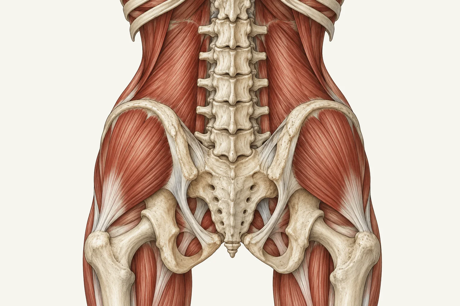Ilustração em estilo de atlas da região lombar vista de costas, com os músculos profundos entre a última costela e a bacia.