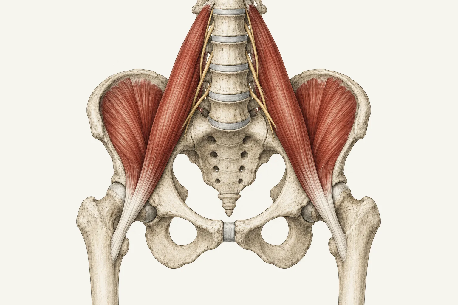 Ilustração em estilo de atlas da bacia vista de frente, com o músculo que vai da coluna lombar à parte de cima da coxa.